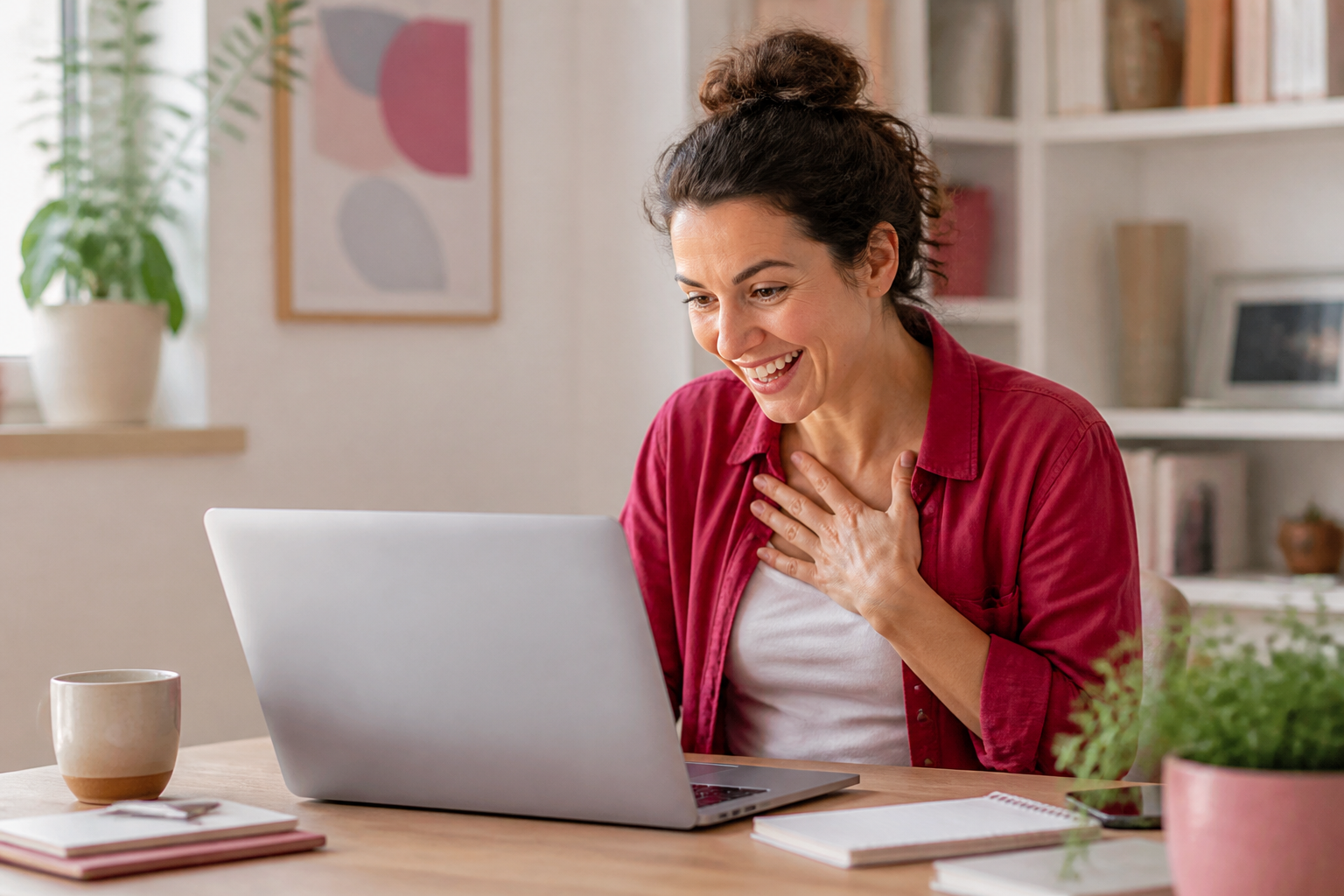 Affiliate-Partnerin freut sich über zusätzliche Einkünfte am Laptop