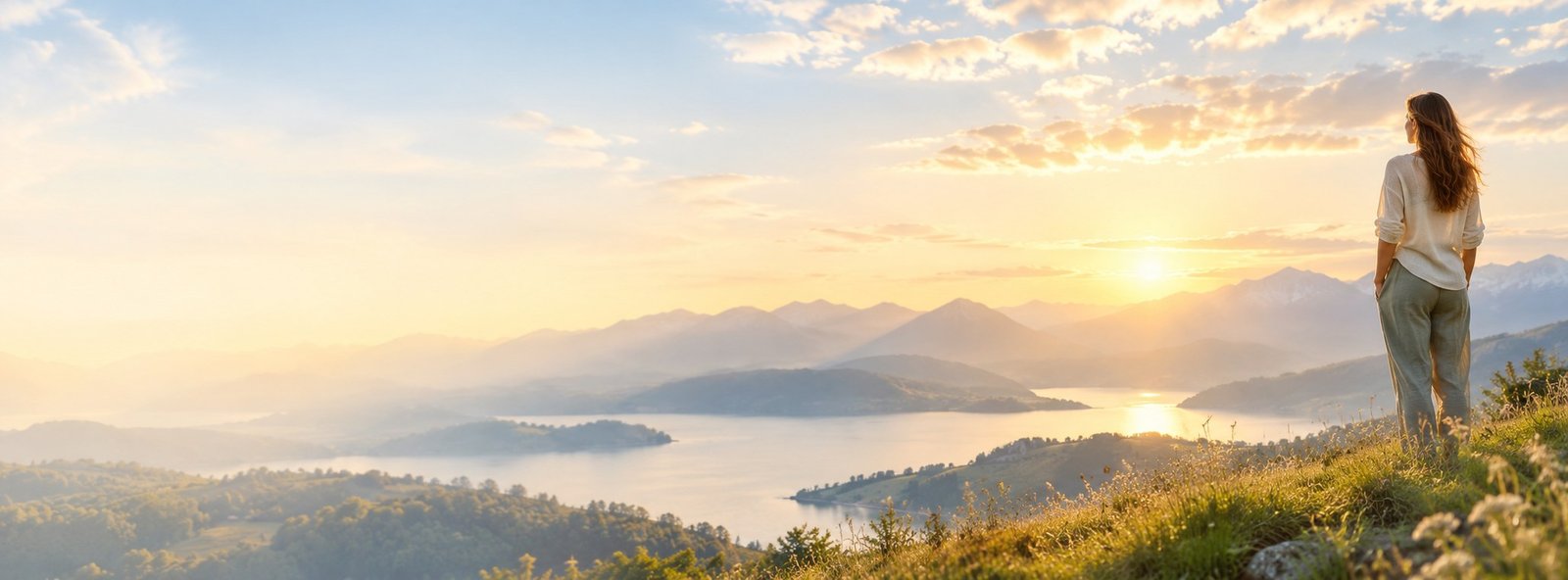 Frau blickt über einen See in eine leuchtende Berglandschaft.