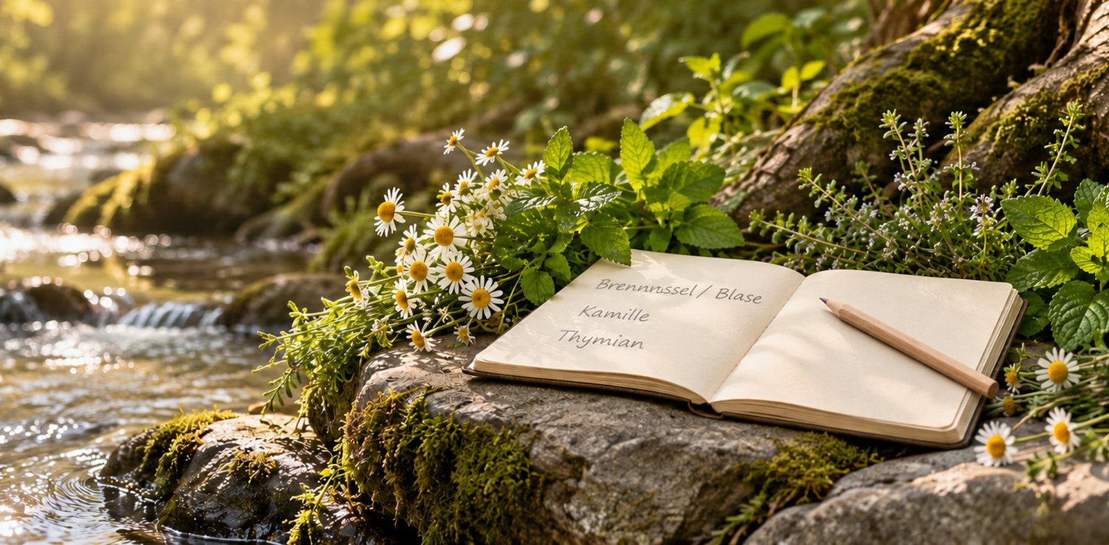 Wildkräuter und ein handbeschriftetes Notizbuch an einem Waldbach