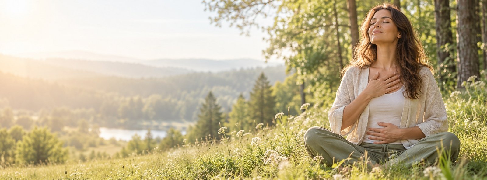 Frau sitzt achtsam auf einer Wiese im Morgenlicht vor einer weiten Landschaft.