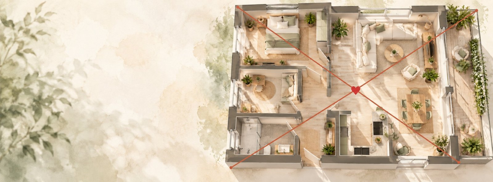 Wohnungsgrundriss von oben mit terrakottafarbenem X und Herz im Zentrum.