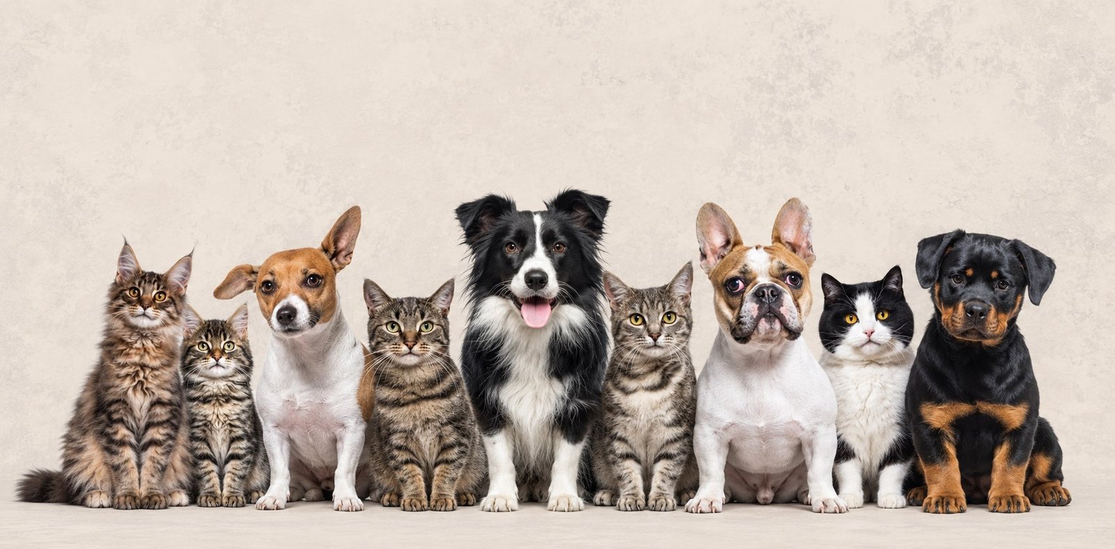 Hunde und Katzen sitzen nebeneinander und blicken aufmerksam in die Kamera.