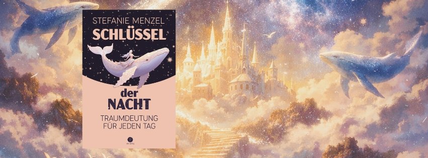 Traumlandschaft mit Walen, einem Schloss und dem Buchcover Schlüssel der Nacht von Stefanie Menzel.