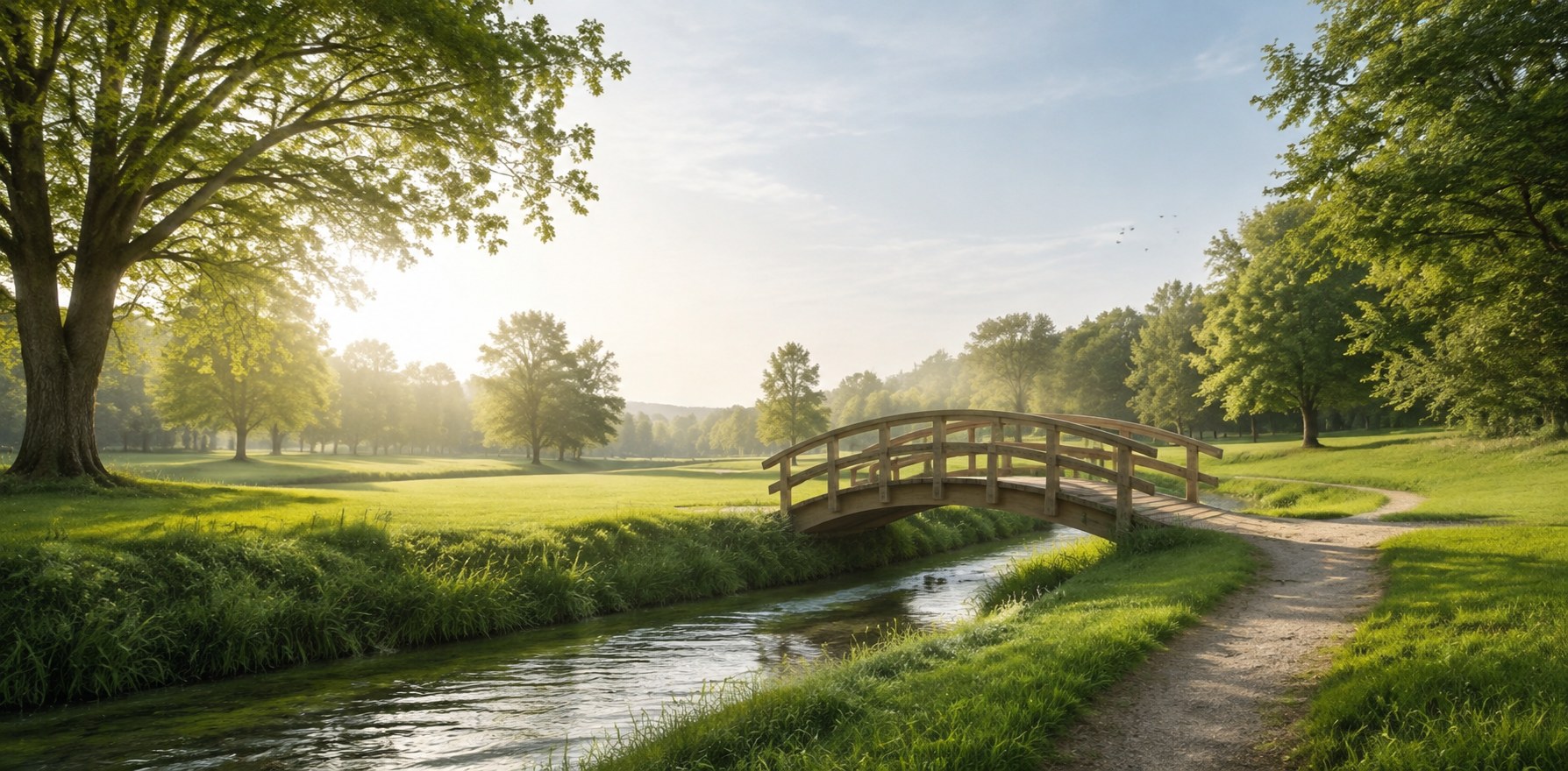 Ruhige Landschaft mit einer Holzbrücke über einen Bach als Symbol für Erinnerung und Übergang.